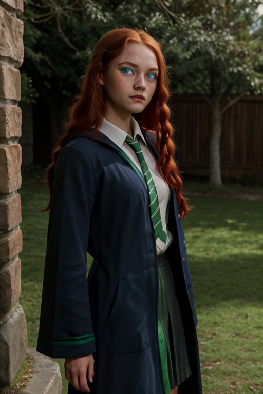 1girl, (girl:1.3), 16 years old, (long red hair:1.2) , (Blue eyes:1.2), solo focus, portrait, simple castle background, standing, 
(slytherin), hogrobe, black robe, skirt, masterpiece, best quality, extremely detailed, highly detailed face, beautiful detailed eyes