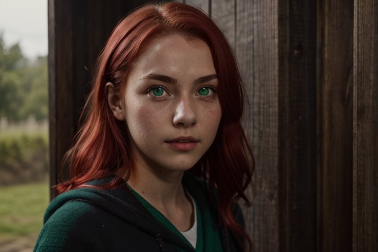 1girl, (girl:1.3), 16 years old, (red hair:1.2) , (Green eyes:1.2), solo focus, portrait, simple background, standing, 
(slytherin), hogbrezwer, black robe, skirt, masterpiece, best quality, extremely detailed, highly detailed face, beautiful detailed eyes