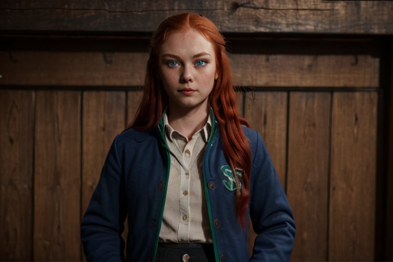 1girl, (girl:1.3), 16 years old, (long red hair:1.2) , (Blue eyes:1.2), solo focus, portrait, simple village background, standing, 
(slytherin), hogbrezwer, jacket, skirt, masterpiece, best quality, extremely detailed, highly detailed face, beautiful detailed eyes