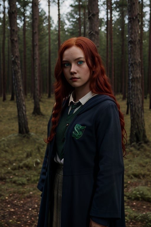 1girl, (girl:1.3), 16 years old, (long red hair:1.2) , (Blue eyes:1.2), solo focus, portrait, simple forest background, standing, 
(slytherin), hogrobe, black robe, skirt, masterpiece, best quality, extremely detailed, highly detailed face, beautiful detailed eyes