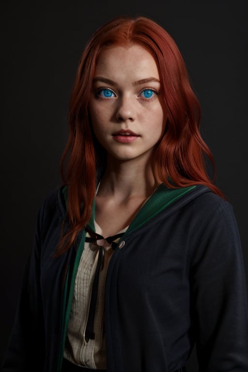 1girl, (girl:1.3), 16 years old, (long red hair:1.2) , (Blue eyes:1.2), solo focus, portrait, simple background, standing, 
(slytherin), hogrobe, black robe, skirt, masterpiece, best quality, extremely detailed, highly detailed face, beautiful detailed eyes