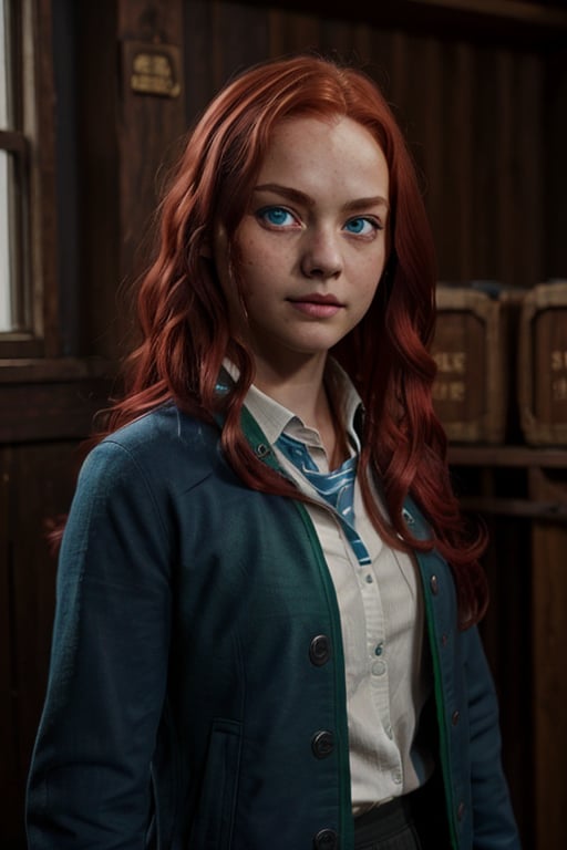 1girl, (girl:1.3), 16 years old, (long red hair:1.2) , (Blue eyes:1.2), solo focus, portrait, simple background, standing, 
(slytherin), hogbrezwer, jacket, skirt, masterpiece, best quality, extremely detailed, highly detailed face, beautiful detailed eyes