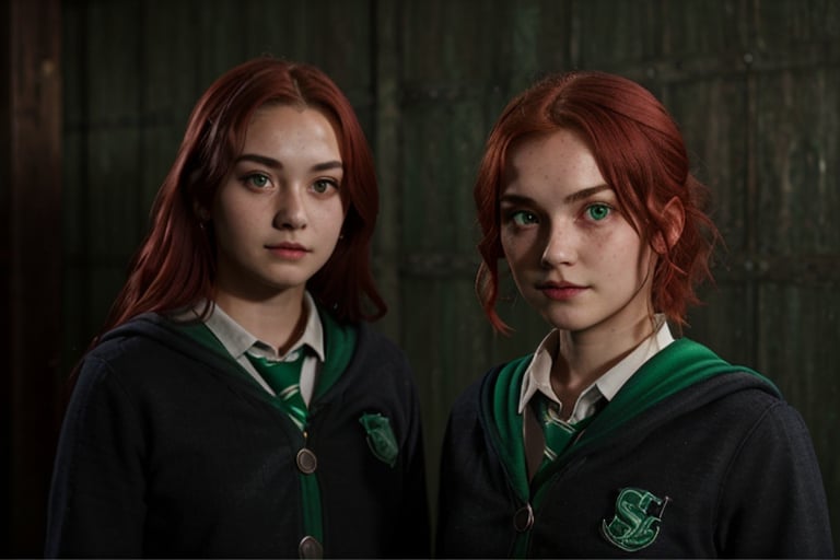 1girl, (girl:1.3), 16 years old, (red hair:1.2) , (Green eyes:1.2), solo focus, portrait, simple background, standing, 
(slytherin), hogbrezwer, black robe, skirt, masterpiece, best quality, extremely detailed, highly detailed face, beautiful detailed eyes