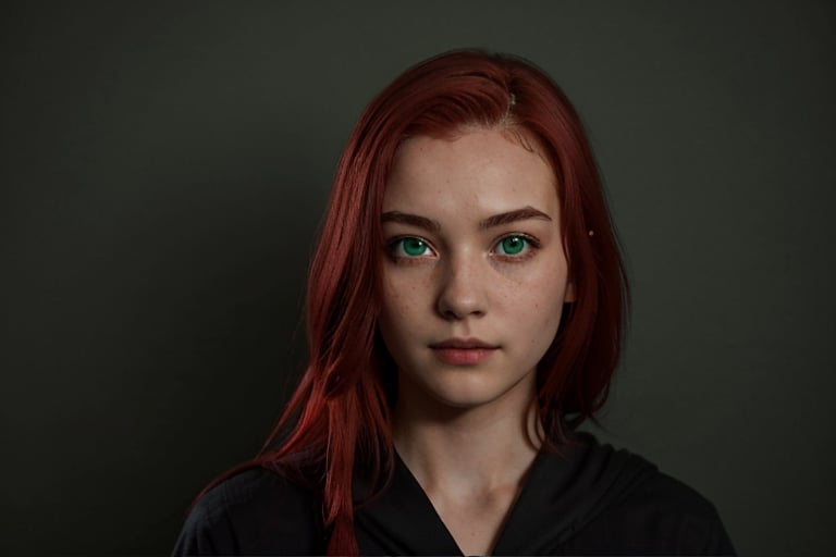 1girl, (girl:1.3), 16 years old, (red hair:1.2) , (Green eyes:1.2), solo focus, portrait, simple background, standing, 
(slytherin), hogbrezwer, black robe, skirt, masterpiece, best quality, extremely detailed, highly detailed face, beautiful detailed eyes