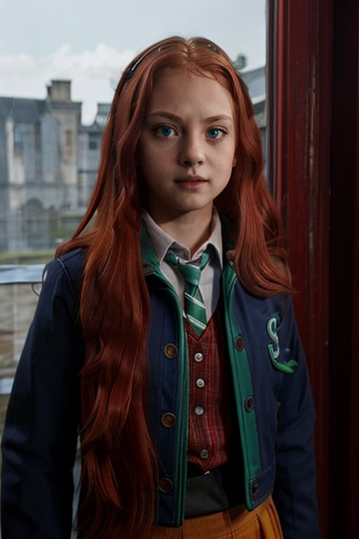 1girl, (girl:1.3), 8 years old, child, (long red hair:1.2) , (Blue eyes:1.2), solo focus, portrait, simple background, standing, (slytherin), hogbrezwer, jacket, skirt, masterpiece, best quality, extremely detailed, highly detailed face, beautiful detailed eyes