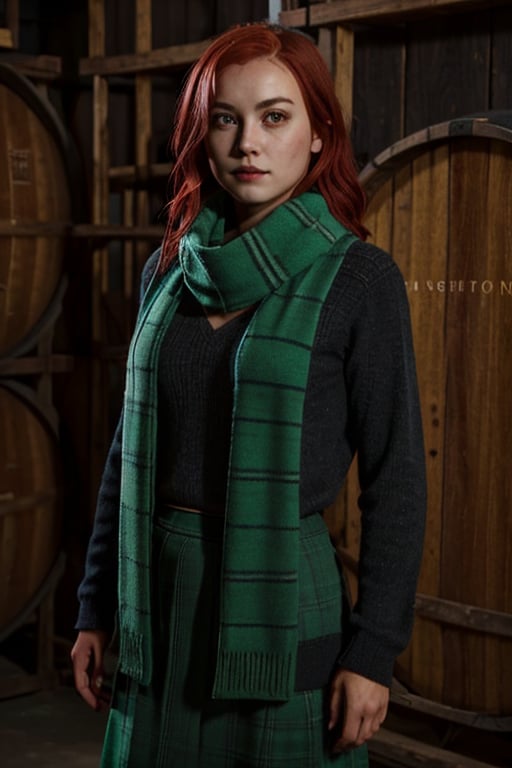 1girl, (girl:1.3), 16 years old, (red hair:1.2) , (Green eyes:1.2), solo focus, portrait, simple background, standing, 
(slytherin), hogbrezwer, black robe, hogscarf, hogsweater, skirt, masterpiece, best quality, extremely detailed, highly detailed face, beautiful detailed eyes