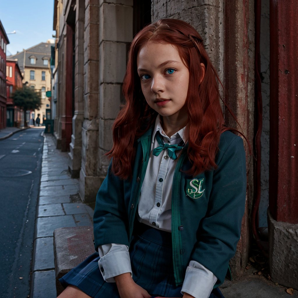 1girl, (girl:1.3), 8 years old, child, (long red hair:1.2) , (Blue eyes:1.2), solo focus, portrait, simple background on street, seated, (slytherin), hogbrezwer, jacket, skirt, masterpiece, best quality, extremely detailed, highly detailed face, beautiful detailed eyes