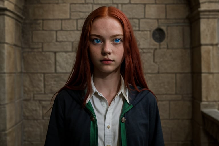 1girl, (girl:1.3), 16 years old, (long red hair:1.2) , (Blue eyes:1.2), solo focus, portrait, simple castle background, standing, 
(slytherin), hogrobe, black robe, skirt, masterpiece, best quality, extremely detailed, highly detailed face, beautiful detailed eyes