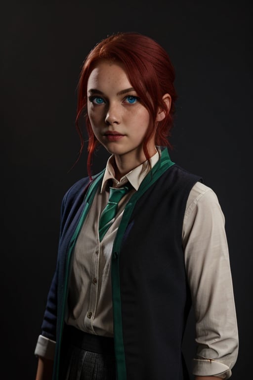 1girl, (girl:1.3), 16 years old, (red hair:1.2) , (Blue eyes:1.2), solo focus, portrait, simple background, standing, 
(slytherin), hogrobe, black robe, skirt, masterpiece, best quality, extremely detailed, highly detailed face, beautiful detailed eyes