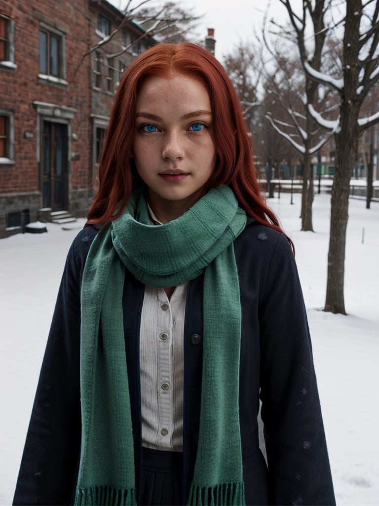 1girl, (girl:1.3), 16 years old, (long red hair:1.2) , (Blue eyes:1.2), solo focus, portrait, simple snowy background, standing, (slytherin), hogrobe, black robe, skirt, hogscarf (green scarf ), masterpiece, best quality, extremely detailed, highly detailed face, beautiful detailed eyes