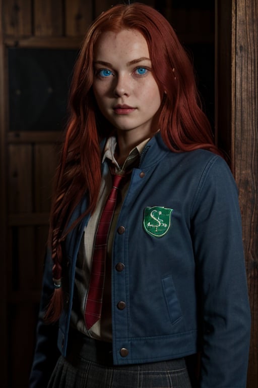 1girl, (girl:1.3), 16 years old, (long red hair:1.2) , (Blue eyes:1.2), solo focus, portrait, simple background, standing, 
(slytherin), hogbrezwer, jacket, skirt, masterpiece, best quality, extremely detailed, highly detailed face, beautiful detailed eyes