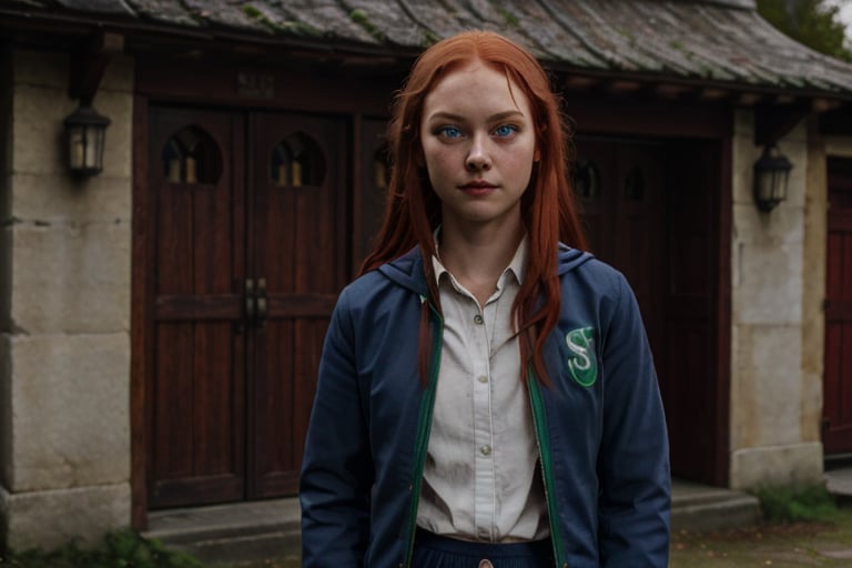 1girl, (girl:1.3), 16 years old, (long red hair:1.2) , (Blue eyes:1.2), solo focus, portrait, simple village background, standing, 
(slytherin), hogbrezwer, jacket, skirt, masterpiece, best quality, extremely detailed, highly detailed face, beautiful detailed eyes