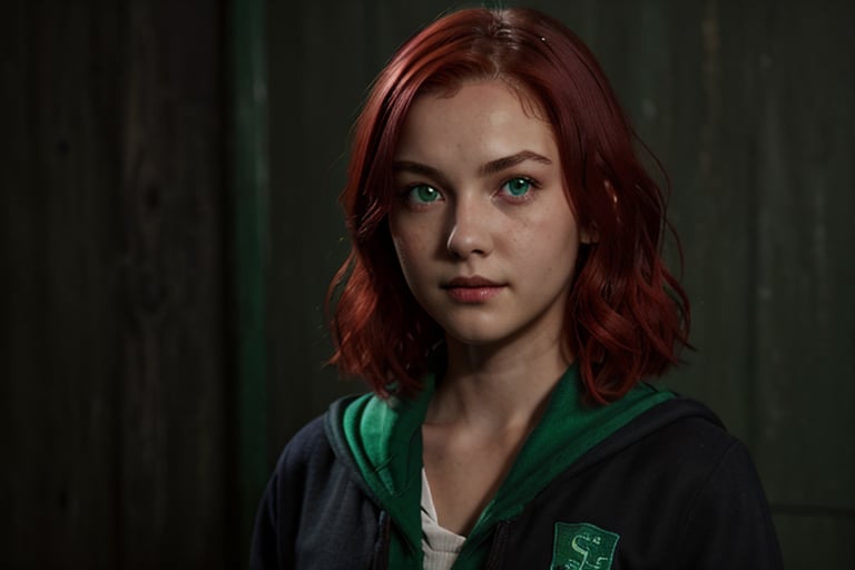 1girl, (girl:1.3), 16 years old, (red hair:1.2) , (Green eyes:1.2), solo focus, portrait, simple background, standing, 
(slytherin), hogbrezwer, black robe, skirt, masterpiece, best quality, extremely detailed, highly detailed face, beautiful detailed eyes