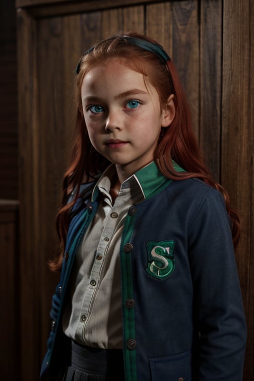 1girl, (girl:1.3), 8 years old, child, (long red hair:1.2) , (Blue eyes:1.2), solo focus, portrait, simple background, standing, (slytherin), hogbrezwer, jacket, skirt, masterpiece, best quality, extremely detailed, highly detailed face, beautiful detailed eyes