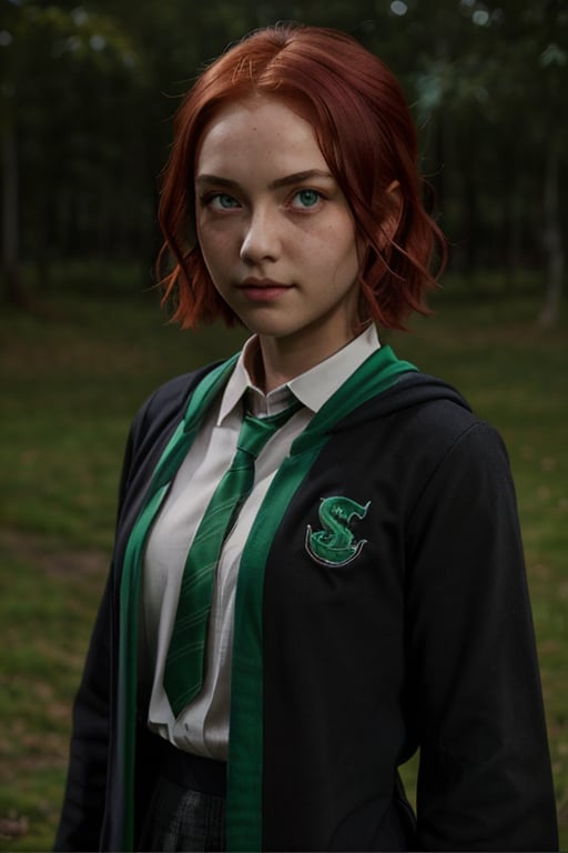 1girl, (girl:1.3), 16 years old, (red hair:1.2) , (Green eyes:1.2), solo focus, portrait, simple background, standing, 
(slytherin), hogbrezwer, black robe, skirt, masterpiece, best quality, extremely detailed, highly detailed face, beautiful detailed eyes