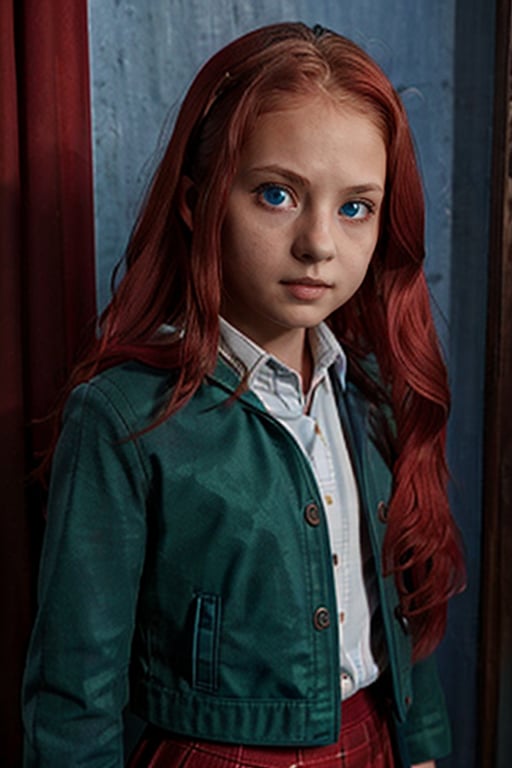 1girl, (girl:1.3), 8 years old, child, (long red hair:1.2) , (Blue eyes:1.2), solo focus, portrait, simple background, standing, (slytherin), hogbrezwer, jacket, skirt, masterpiece, best quality, extremely detailed, highly detailed face, beautiful detailed eyes