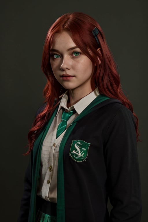 1girl, (girl:1.3), 16 years old, (red hair:1.2) , (Green eyes:1.2), solo focus, portrait, simple background, standing, 
(slytherin), hogbrezwer, black robe, skirt, masterpiece, best quality, extremely detailed, highly detailed face, beautiful detailed eyes