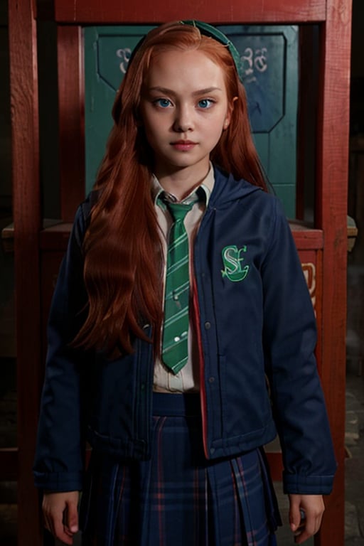 1girl, (girl:1.3), 8 years old, child, (long red hair:1.2) , (Blue eyes:1.2), solo focus, portrait, simple background in stable, standing, (slytherin), hogbrezwer, jacket, skirt, masterpiece, best quality, extremely detailed, highly detailed face, beautiful detailed eyes