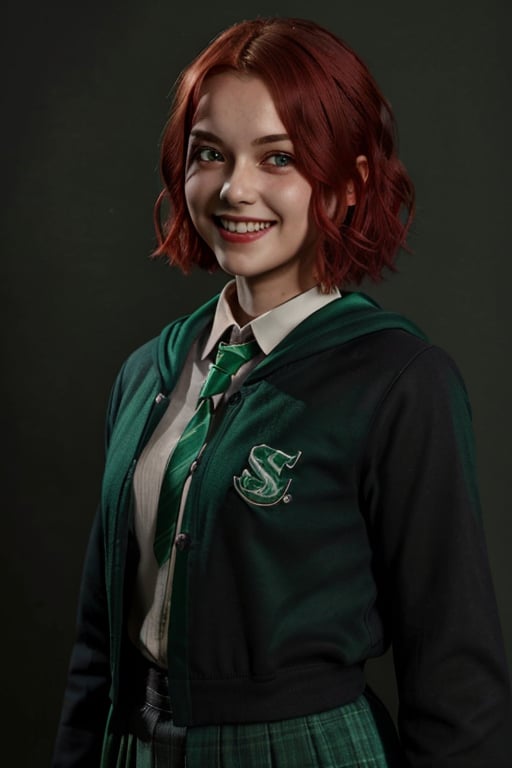 1girl, (girl:1.3), 16 years old, (red hair:1.2) , (Green eyes:1.2), solo focus, portrait, simple background, standing, 
(slytherin), hogrobe, black robe, skirt, masterpiece, best quality, extremely detailed, highly detailed face, beautiful detailed eyes, grin