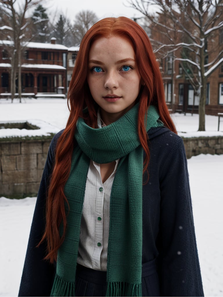 1girl, (girl:1.3), 16 years old, (long red hair:1.2) , (Blue eyes:1.2), solo focus, portrait, simple snowy background, walking, (slytherin), hogrobe, black robe, skirt, hogscarf (green scarf ), masterpiece, best quality, extremely detailed, highly detailed face, beautiful detailed eyes