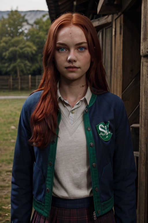 1girl, (girl:1.3), 16 years old, (long red hair:1.2) , (Blue eyes:1.2), solo focus, portrait, simple village background, standing, 
(slytherin), hogbrezwer, jacket, skirt, masterpiece, best quality, extremely detailed, highly detailed face, beautiful detailed eyes