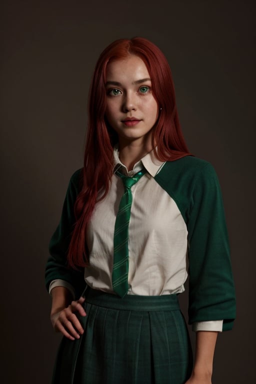 1girl, (girl:1.3), 16 years old, (red hair:1.2) , (Green eyes:1.2), solo focus, portrait, simple background, standing, 
(slytherin), hogrobe, black robe, skirt, masterpiece, best quality, extremely detailed, highly detailed face, beautiful detailed eyes, smirking