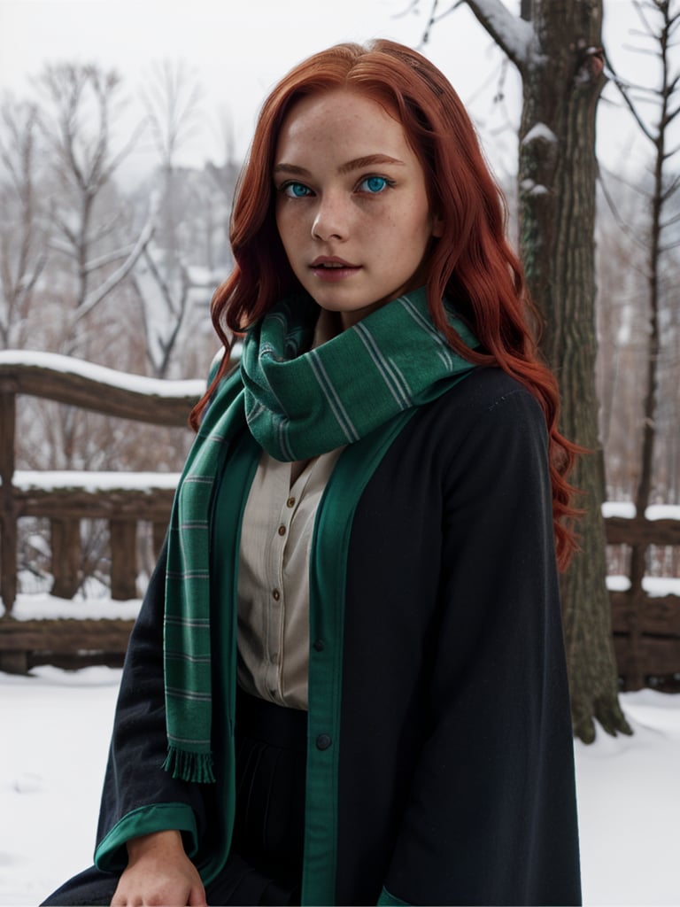 1girl, (girl:1.3), 16 years old, (long red hair:1.2) , (Blue eyes:1.2), solo focus, portrait, simple snowy background, seated, (slytherin), hogrobe (black robe), black robe, skirt, hogscarf (green scarf ), masterpiece, best quality, extremely detailed, highly detailed face, beautiful detailed eyes, holding magic wand