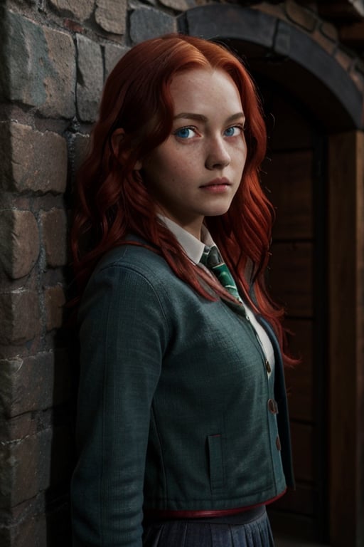 1girl, (girl:1.3), 16 years old, (long red hair:1.2) , (Blue eyes:1.2), solo focus, portrait, simple castle background, standing, 
(slytherin), hogbrezwer, jacket, skirt, masterpiece, best quality, extremely detailed, highly detailed face, beautiful detailed eyes