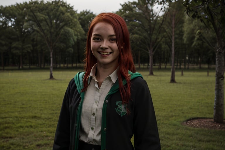 1girl, (girl:1.3), 16 years old, (red hair:1.2) , (Green eyes:1.2), solo focus, portrait, simple background, standing, 
(slytherin), hogrobe, black robe, skirt, masterpiece, best quality, extremely detailed, highly detailed face, beautiful detailed eyes, grin