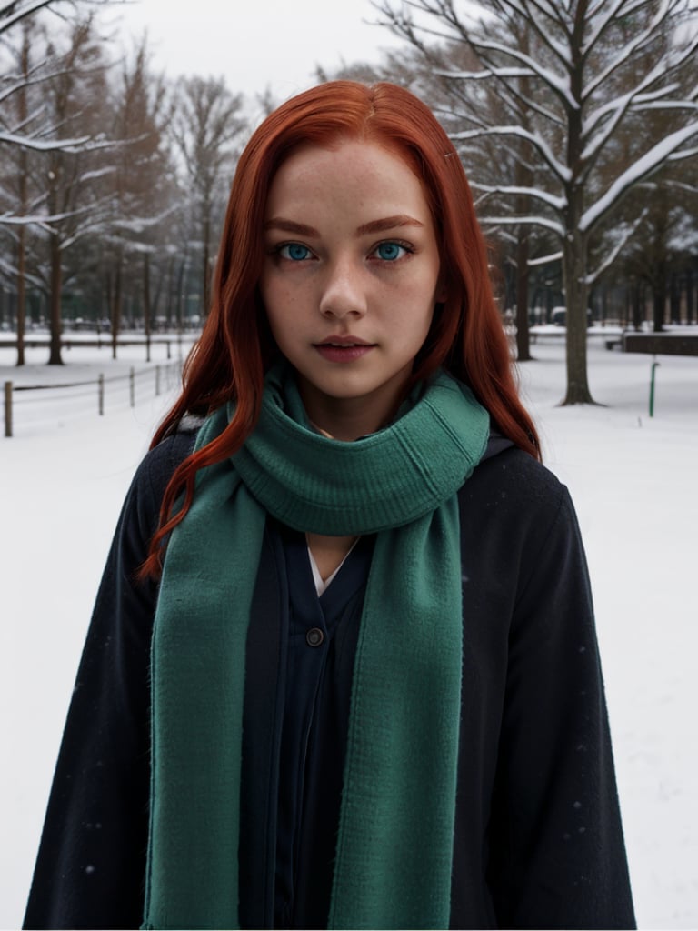 1girl, (girl:1.3), 16 years old, (long red hair:1.2) , (Blue eyes:1.2), solo focus, portrait, simple snowy background, standing, (slytherin), hogrobe (black robe), black robe, hogscarf (green scarf ), masterpiece, best quality, extremely detailed, highly detailed face, beautiful detailed eyes