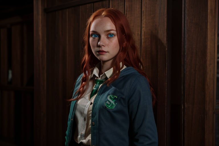 1girl, (girl:1.3), 16 years old, (long red hair:1.2) , (Blue eyes:1.2), solo focus, portrait, simple background, standing, 
(slytherin), hogbrezwer, jacket, skirt, masterpiece, best quality, extremely detailed, highly detailed face, beautiful detailed eyes