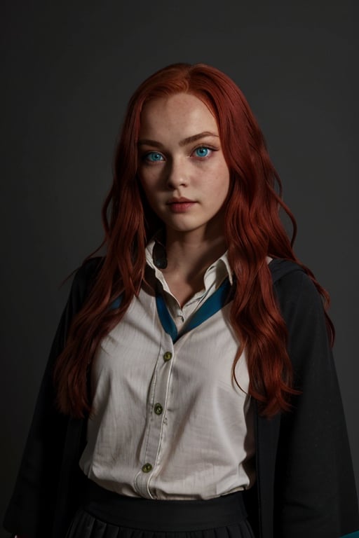 1girl, (girl:1.3), 16 years old, (long red hair:1.2) , (Blue eyes:1.2), solo focus, portrait, simple background, standing, 
(slytherin), hogrobe, black robe, skirt, masterpiece, best quality, extremely detailed, highly detailed face, beautiful detailed eyes