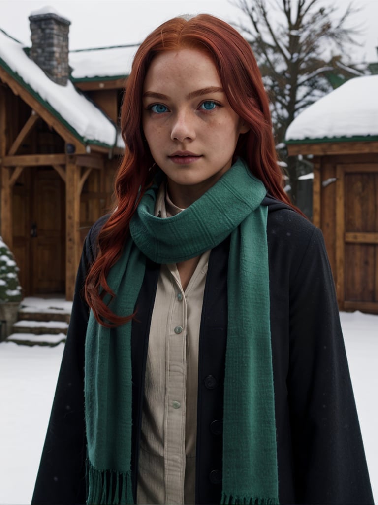 1girl, (girl:1.3), 16 years old, (long red hair:1.2) , (Blue eyes:1.2), solo focus, portrait, simple snowy and castle background, walking, (slytherin), hogrobe (black robe), black robe, hogscarf (green scarf ), masterpiece, best quality, extremely detailed, highly detailed face, beautiful detailed eyes