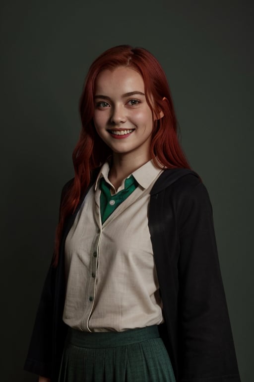 1girl, (girl:1.3), 16 years old, (red hair:1.2) , (Green eyes:1.2), solo focus, portrait, simple background, standing, 
(slytherin), hogrobe, black robe, skirt, masterpiece, best quality, extremely detailed, highly detailed face, beautiful detailed eyes, grin