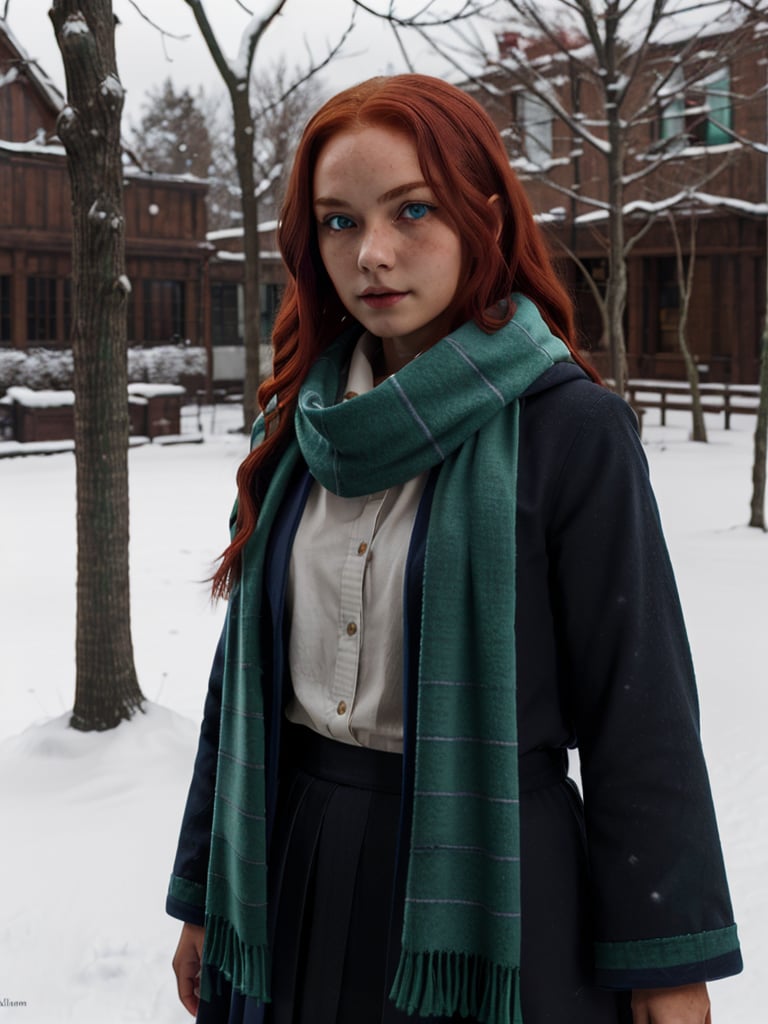 1girl, (girl:1.3), 16 years old, (long red hair:1.2) , (Blue eyes:1.2), solo focus, portrait, simple snowy background, walking, (slytherin), hogrobe, black robe, skirt, hogscarf (green scarf ), masterpiece, best quality, extremely detailed, highly detailed face, beautiful detailed eyes