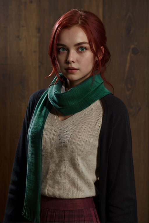 1girl, (girl:1.3), 16 years old, (red hair:1.2) , (Green eyes:1.2)solo focus, portrait, simple background, standing, 
(Hufflepuff), hogrobe, black robe, hogscarf, hogsweater, skirt, masterpiece, best quality, extremely detailed, highly detailed face, beautiful detailed eyes