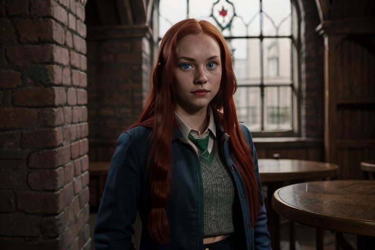 1girl, (girl:1.3), 16 years old, (long red hair:1.2) , (Blue eyes:1.2), solo focus, portrait, simple castle background, standing, 
(slytherin), hogbrezwer, jacket, skirt, masterpiece, best quality, extremely detailed, highly detailed face, beautiful detailed eyes