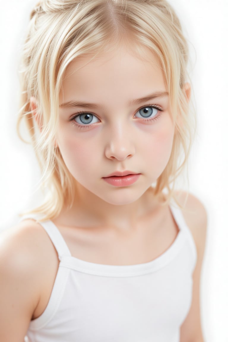 A young girl with piercing blue eyes and tousled blonde hair stands out against a crisp white backdrop,  her defiant gaze...