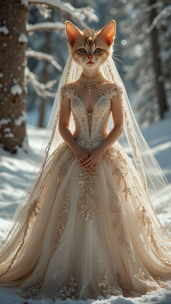 Midjourney_Whisper.A whimsical feline bride, adorned in a shimmering gold wedding ballgown and a flowing long veil, stands gracefully in a radiant setting. Whether on a sunlit beach, a snowy landscape, or amidst a lush forest, her enchanting presence captures the essence of a magical union.