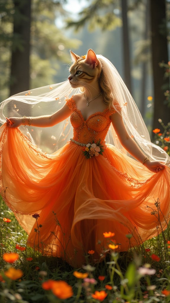 Midjourney_Whisper. In a bright, sunlit forest glade, a charming cat bride twirls gracefully, her long, flowing veil dancing in the gentle breeze. She is adorned in a vibrant orange wedding ballgown, the skirt billowing as she spins, her eyes sparkling with joy. The lush greenery and colorful wildflowers surrounding her create a magical, enchanting atmosphere, perfectly complementing her radiant happiness.

