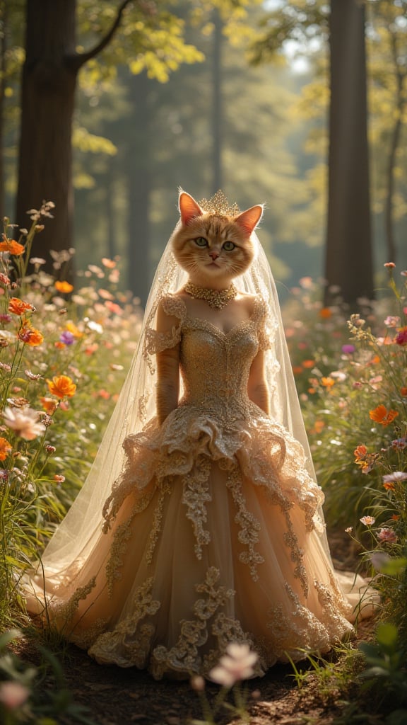 Midjourney_Whisper. A whimsical, anthropomorphic cat bride stands elegantly in a bright, sunlit forest glade. She wears a resplendent gold wedding ballgown dress, adorned with intricate lace and sparkling sequins. Her long, flowing veil cascades down her back, catching the gentle breeze and shimmering in the sunlight. The cat brides eyes sparkle with joy, and her whiskers twitch with excitement. Around her, the forest is alive with vibrant greenery and colorful wildflowers, creating a magical backdrop for her special day.

