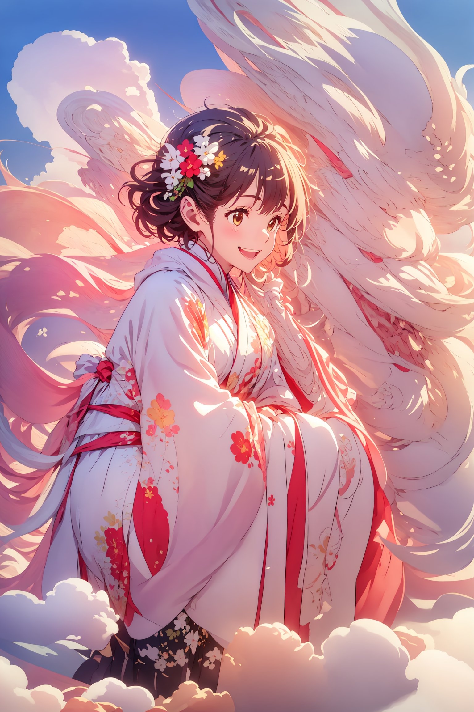 ,from above, Real lighting, (realistic:0.7), (3D:0.7), (solo:1.3),(first sunshine:1.3), (sheine background:1.3), Cloud cover, looking down,kimono,squatting,eating mochi,Embarrassed,Happy smile,