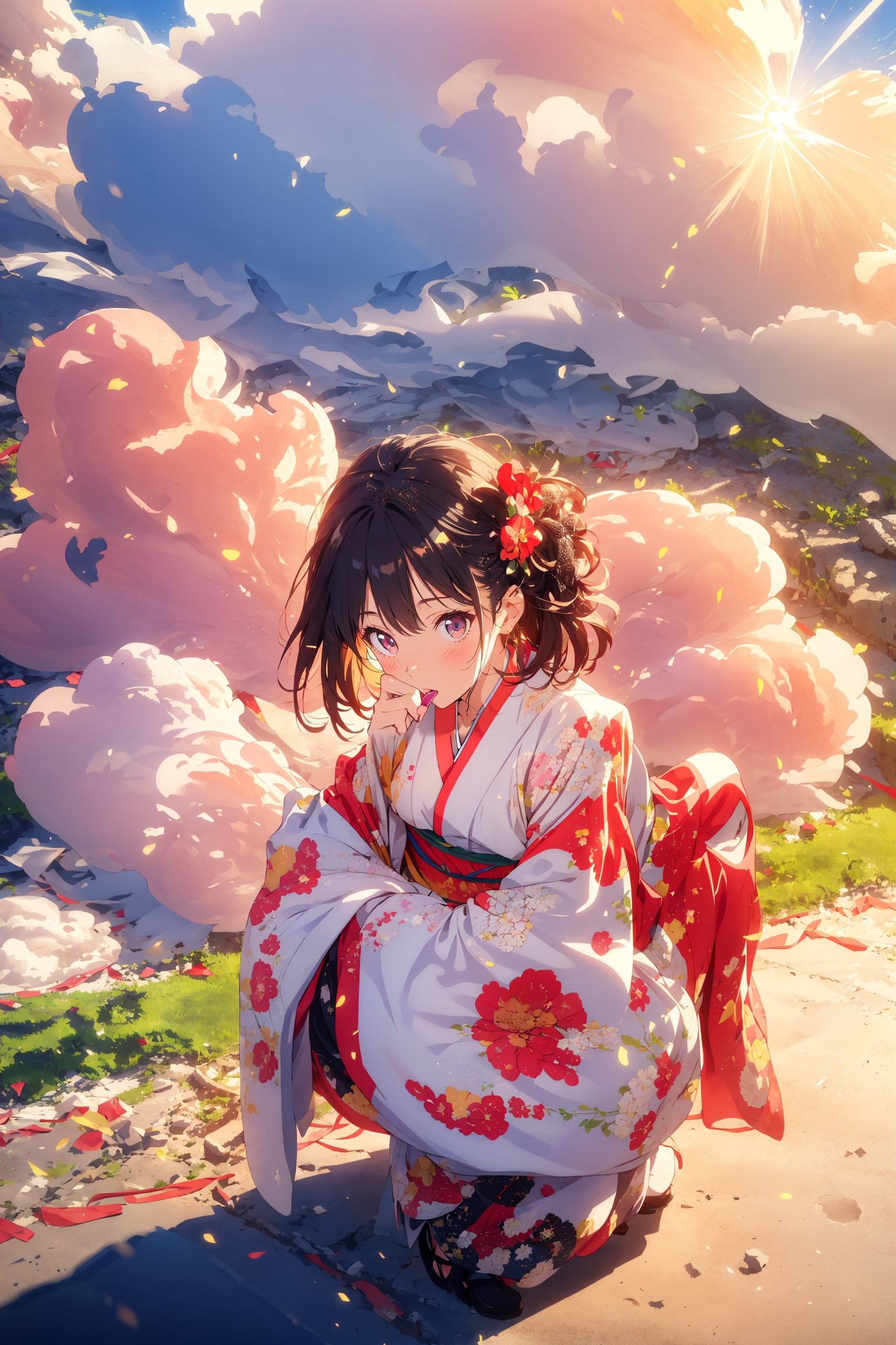 ,from above, Real lighting, (realistic:0.7), (3D:0.7), (solo:1.3),(first sunshine:1.3), (sheine background:1.3), Cloud cover, looking down,kimono,squatting,Embarrassed,Happy smile,