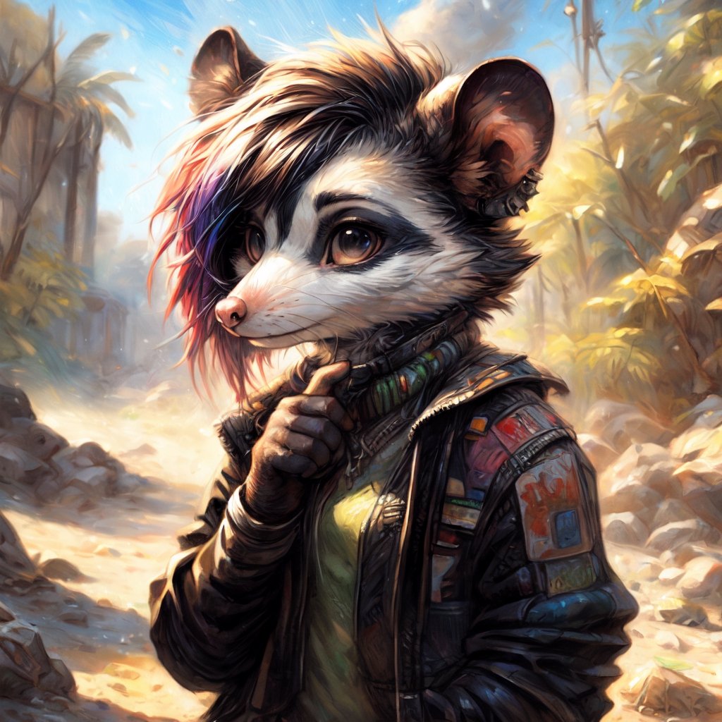 by kenket, by totesfleisch8, (by thebigslick, by silverfox5213:0.8), (by syuro:0.2), (by qupostuv35:1.2), (hi res), ((masterpiece)) , ((best quality)), illustration, furry, opossum, animal ears, body fur, 1girl, solo, ,,colorful_hair, short hair, punk-hair, dead_eyes, emotionless, opossum person  , (((androgynous))), young, , (((day, warm colors, lofi))),  lofi 8bits, furry anthropomorphic opossum, furry opossum nose, ((gray fur, black hands, pink fingers)), FurryCore,,,breast,,tiny_breasts,,,, ,, ,,FurryCore,mouse_tail,