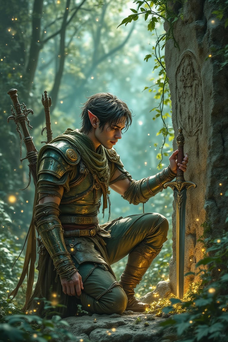 A semi-realistic digital painting of a **wood elf warrior**,  kneeling near an ancient stone shrine deep within a mystical...