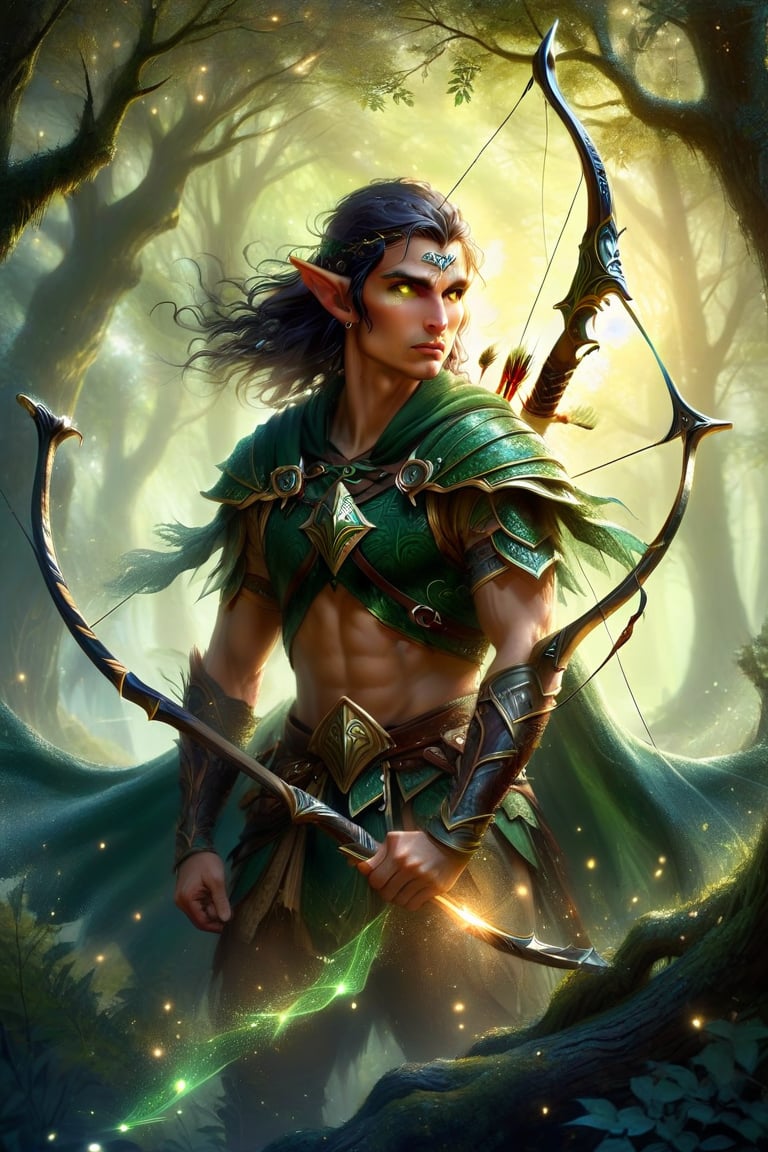 A semi-realistic digital painting of a **mystical elven archer**,  his form partially concealed by the shifting shadows of...