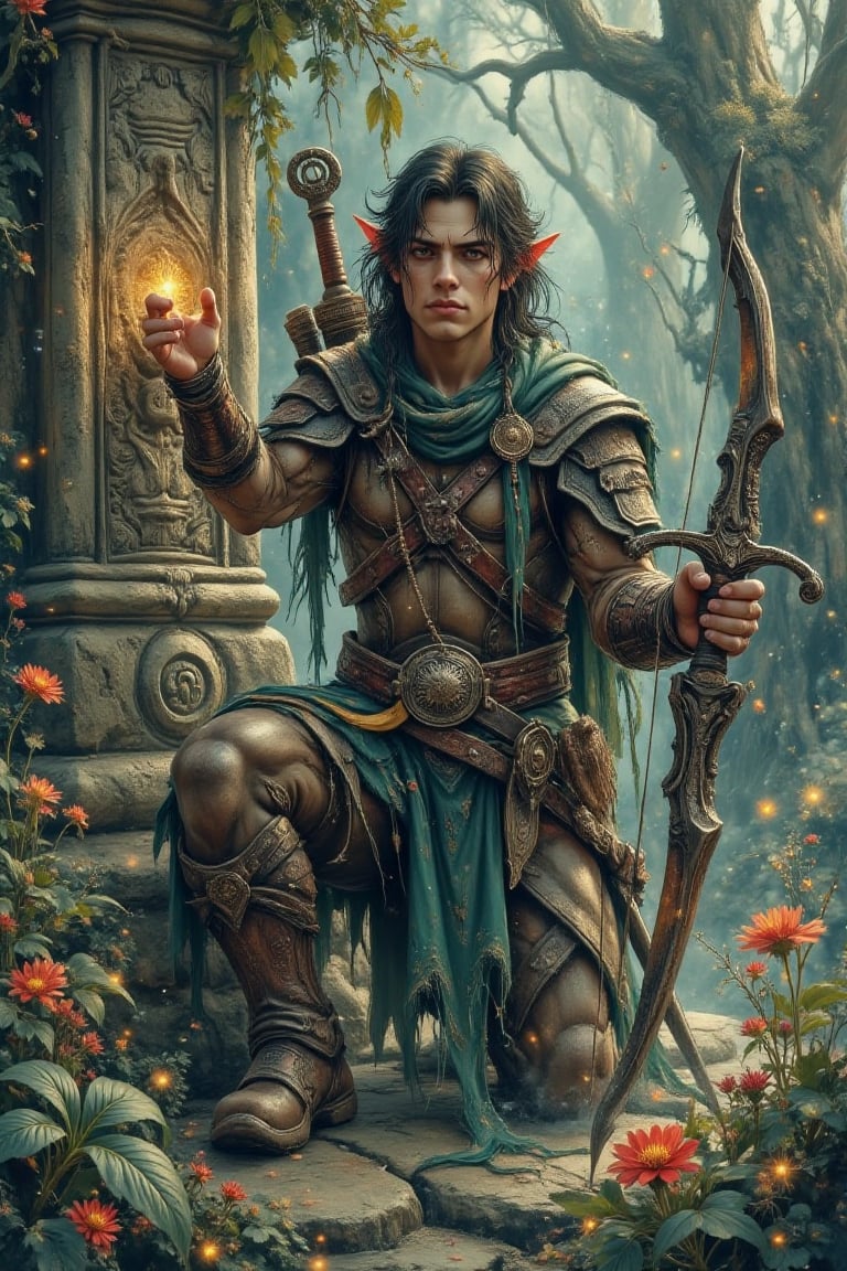 A semi-realistic digital painting of a **wood elf warrior**,  kneeling near an ancient stone shrine deep within a mystical...