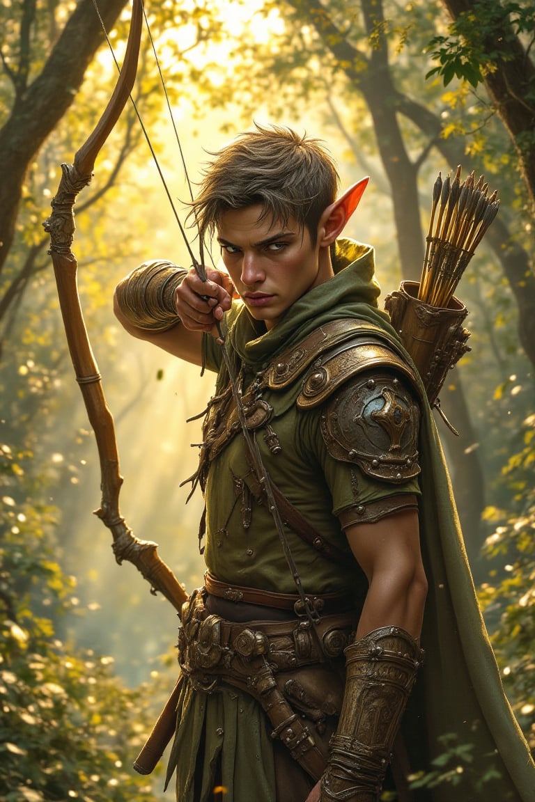 A semi-realistic digital painting of a woodland elf warrior standing in a defensive stance,  drawing back the string of a...