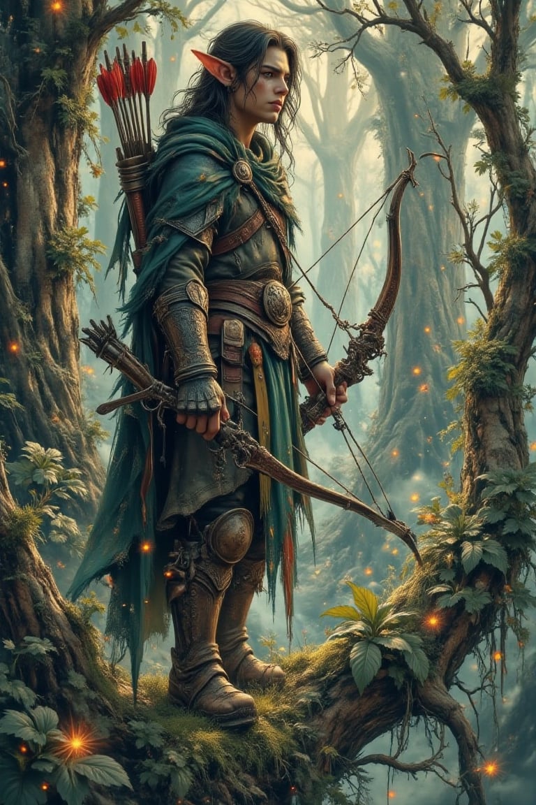 A semi-realistic digital painting of a **wood elf warrior** standing on a moss-covered tree branch,  overlooking the dense...
