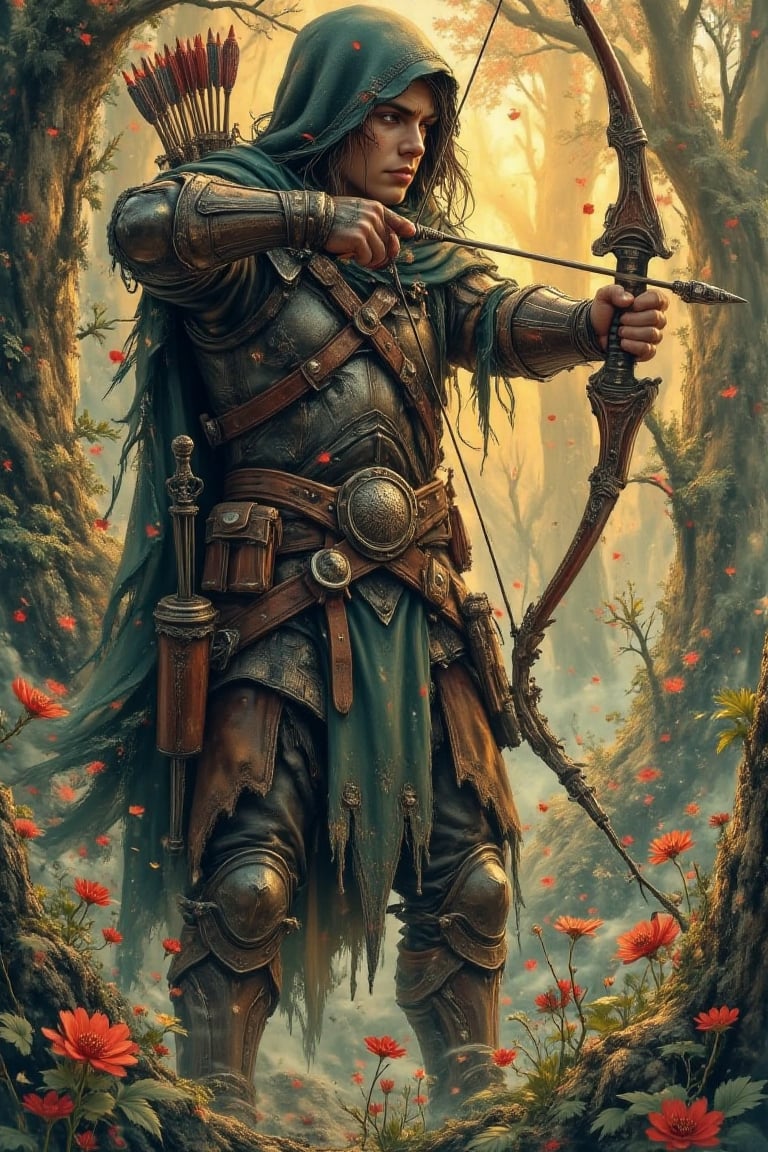 A semi-realistic digital painting of a woodland elf warrior standing in a defensive stance,  drawing back the string of a...